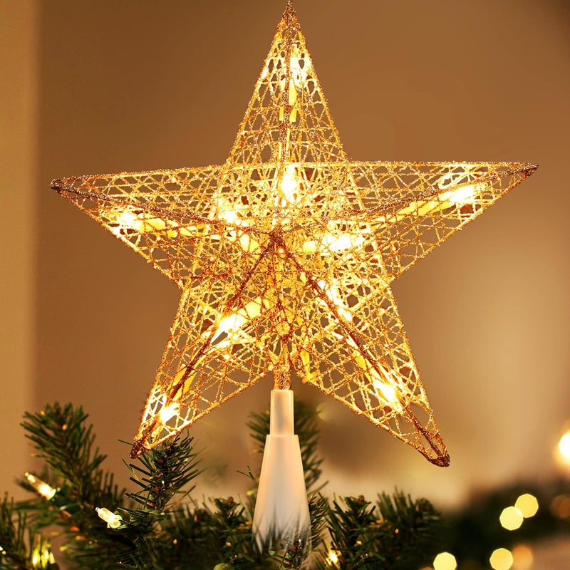 BRIZLER Gold Christmas Tree Topper, 9“ Hollow-Out Star Tree Topper with 10 Warm White Lights, Pre-lit 5 Point Star Treetop, 120V UL Listed Lighted Treetop for Christmas Tree Home Decoration - Image 1